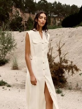 Zara Linen Sleeveless Cream Button-Front Midi Dress with Side Buckle